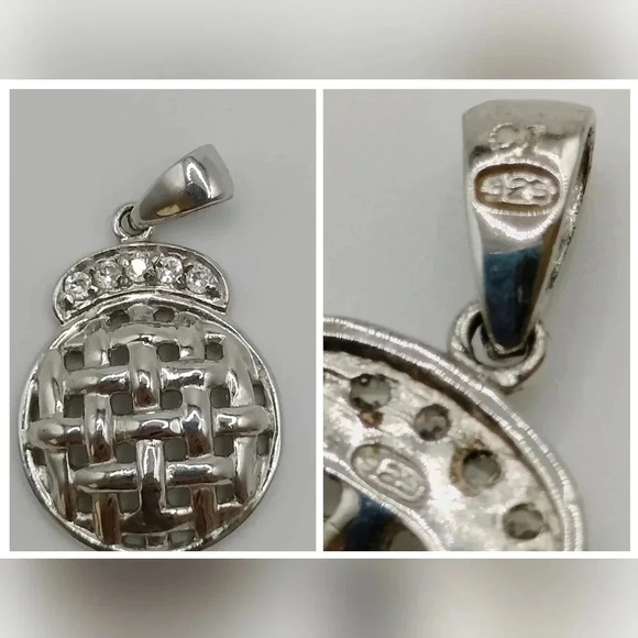 925 Sterling Silver Round Weave Pendant with Rhinestone Accents 1" - Picture 1 of 5